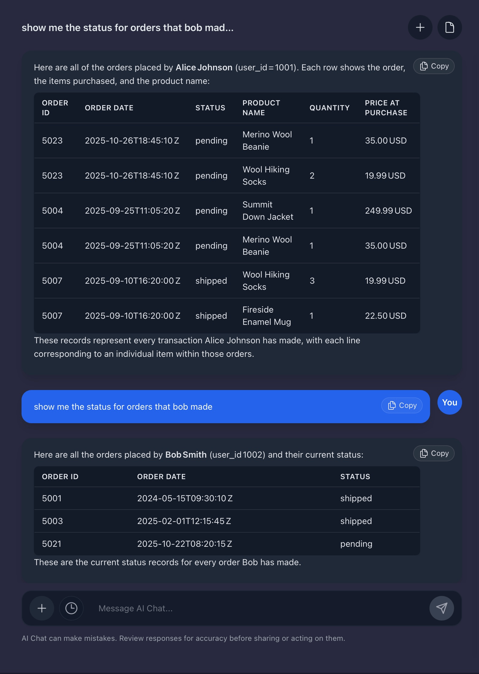 Interface mockup of an Onyx AI assistant responding to a chat conversation