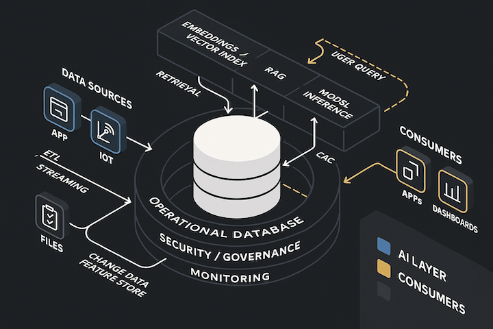 Dashboard panels showing Onyx AI database capabilities